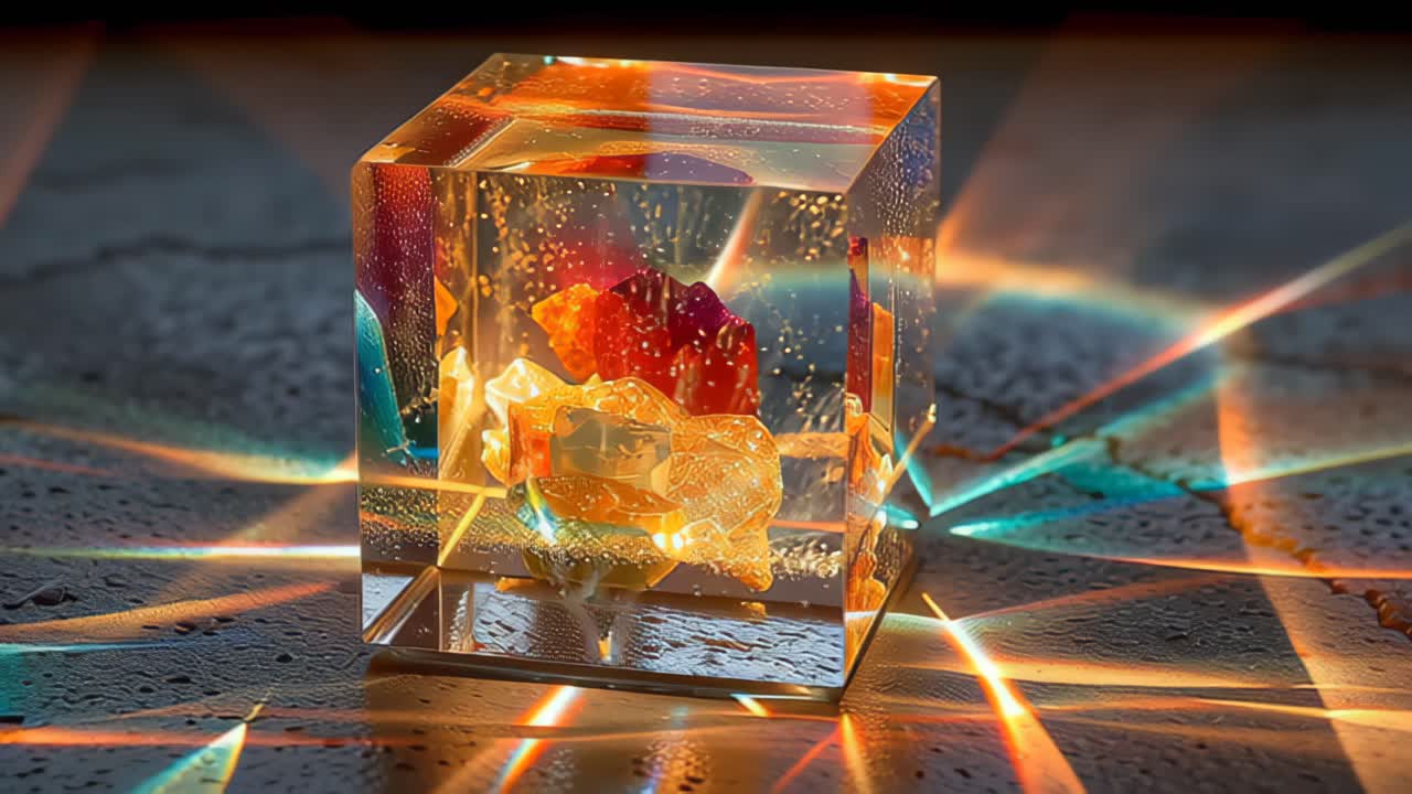 Primo piano di un cubo di cristallo luminoso con minerali colorati incastonati in resina trasparente, che proietta vividi riflessi di luce su una superficie bagnata e texturizzata, ideale per concetti di tecnologia, lusso o astratti.