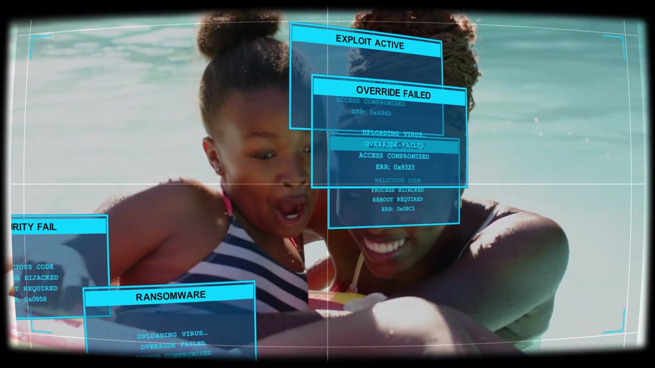 Mother and daughter playing in pool, security HUD warnings appearing, obscuring faces, bonding