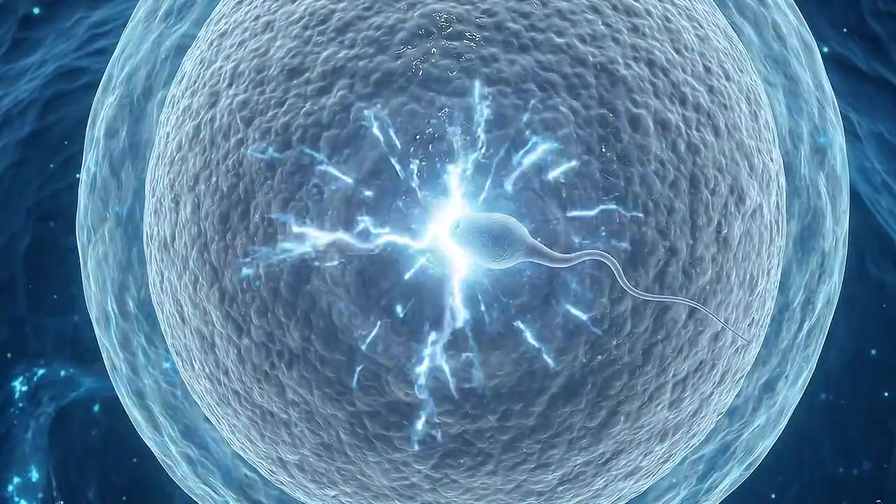 Sperm Cells Fertilizing an Egg Cell in Microscopic View