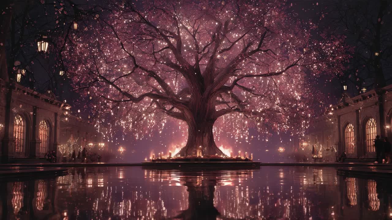 A Majestic Enchanted Tree Illuminated by Sparkling Lights Reflects Beautifully in a Tranquil Pool, Creating a Magical and Dreamlike Atmosphere at Night