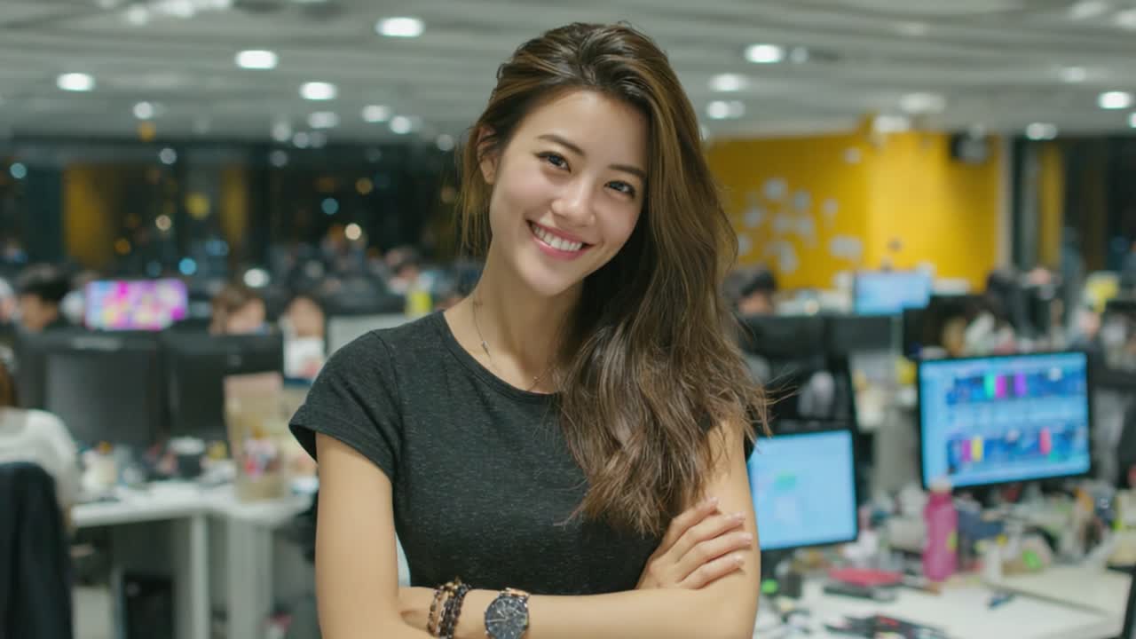 A confident professional woman smiling in a modern office environment, showcasing a vibrant workspace filled with computers and engaged coworkers