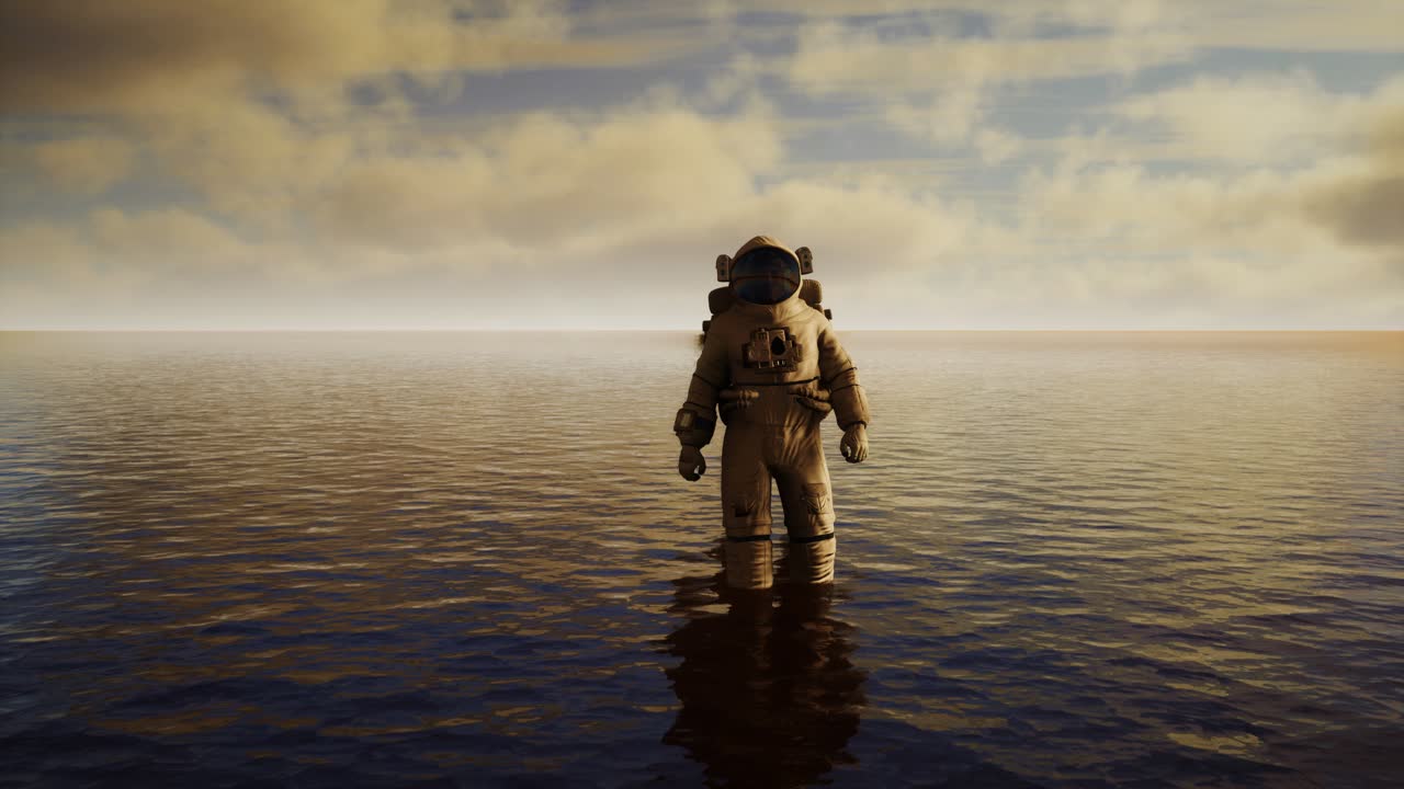 Spaceman in the sea under clouds at sunset