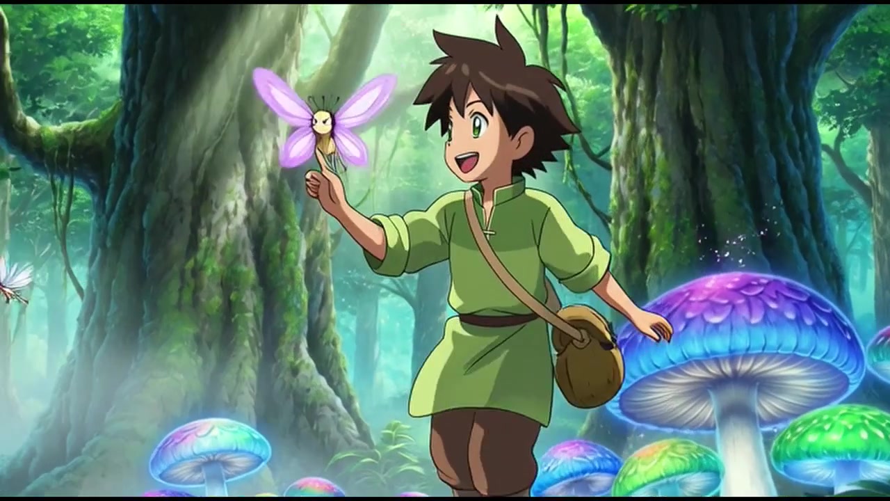 Giovane ragazzo che cammina attraverso una foresta magica e incantata con funghi luminosi