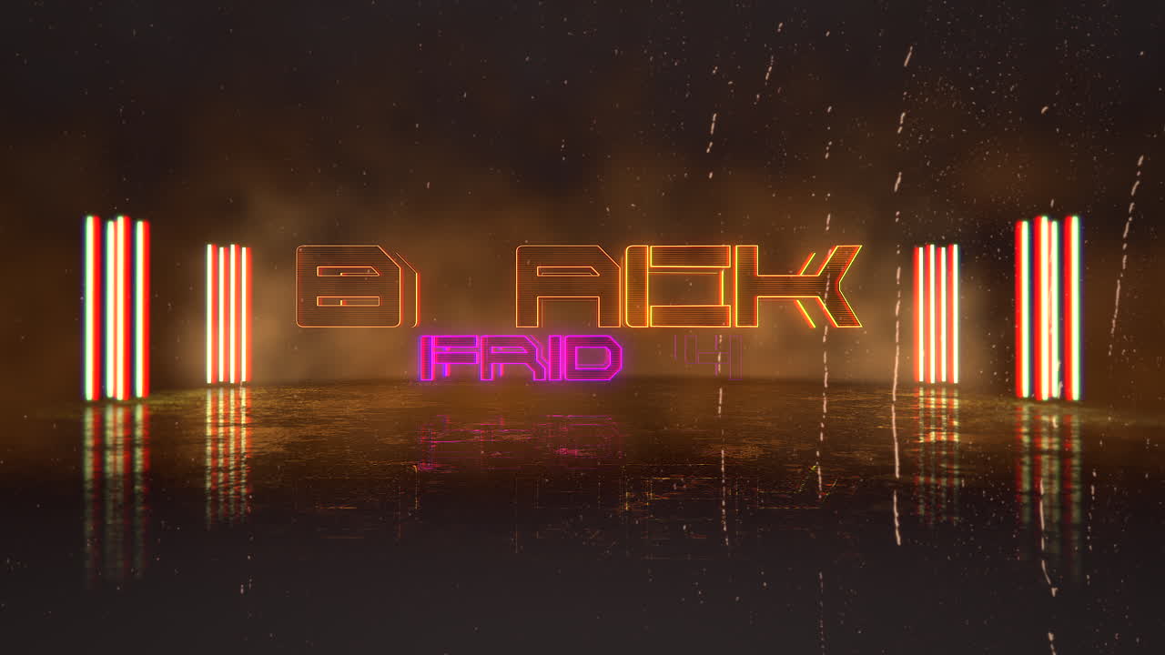 texto de introducción de animación viernes negro y fondo de animación cyberpunk con luces de neón