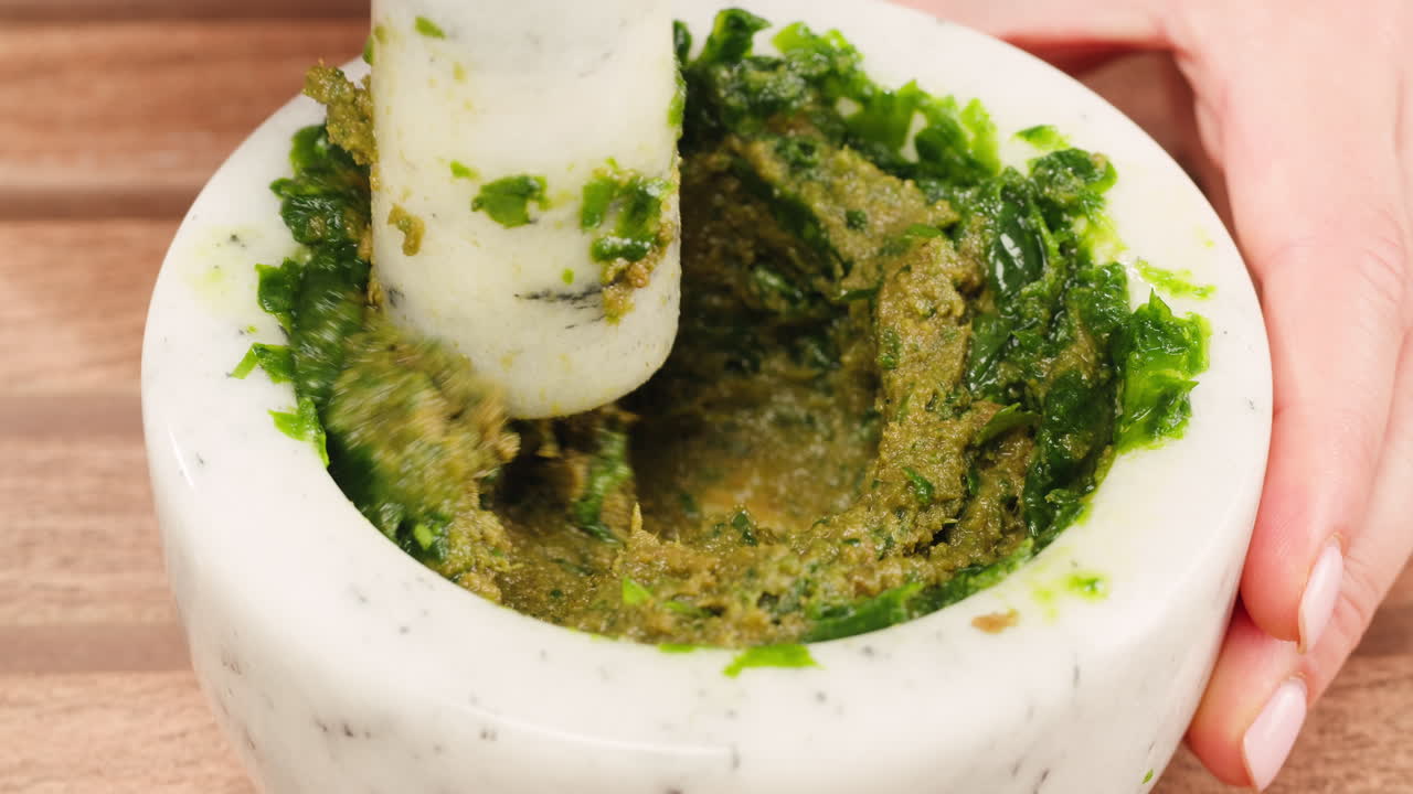 Making Pesto in a Mortar and Pestle