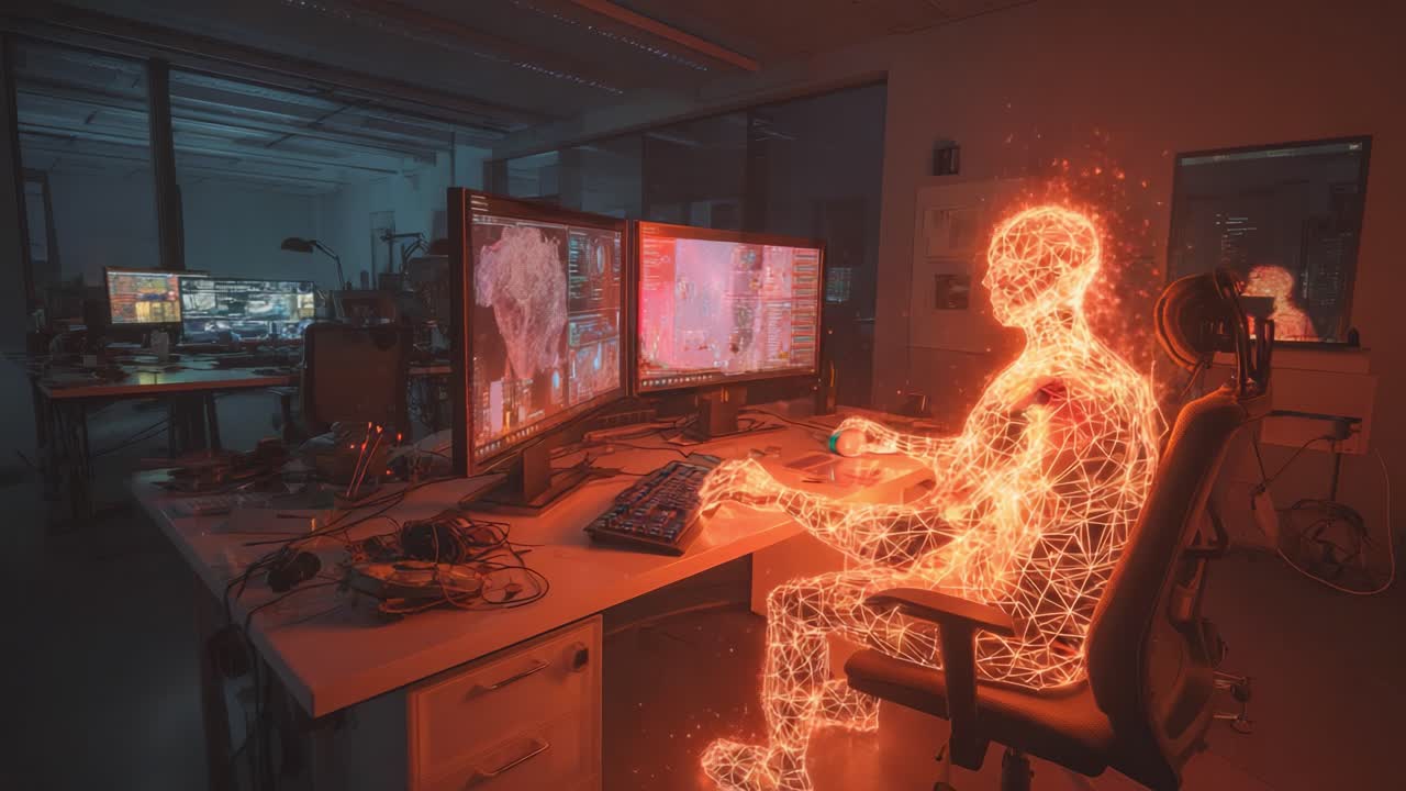A digital artist immersed in a virtual reality environment, crafting intricate designs with glowing geometric patterns and a vibrant holographic figure, surrounded by advanced technology and screens