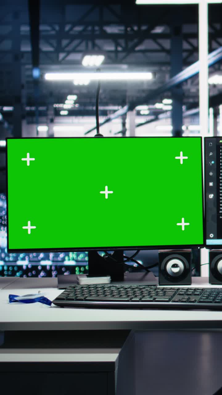 Vertical video Data center green screen computers showing neural network visualization