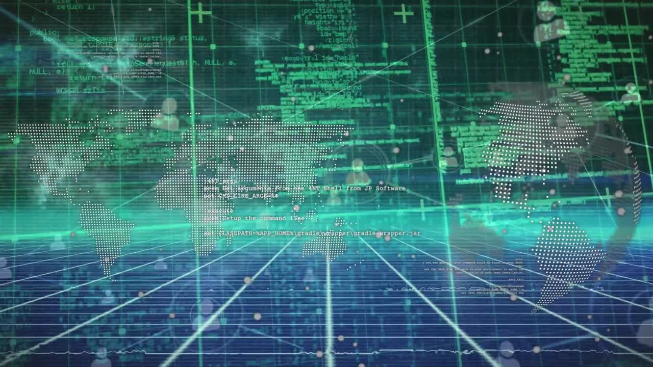 Animation of globe and data processing in green and blue digital space