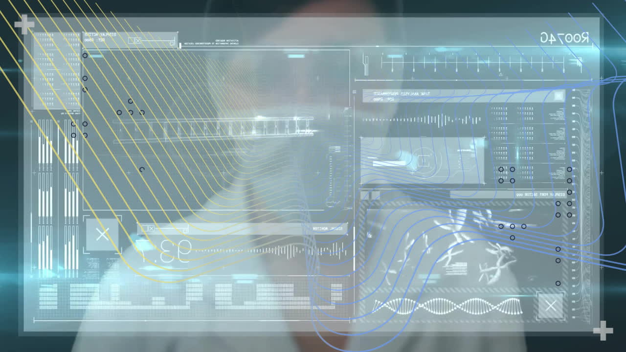 Doctor standing behind glowing 3D render holographic interface panels, tracking patient data