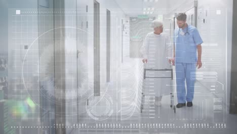 Animation-of-data-processing-over-caucasian-male-doctor-and-patient-walking-on-hospital-corridor