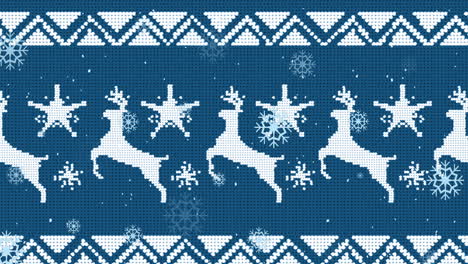 animation of snowflakes over christmas traditional pattern against blue background