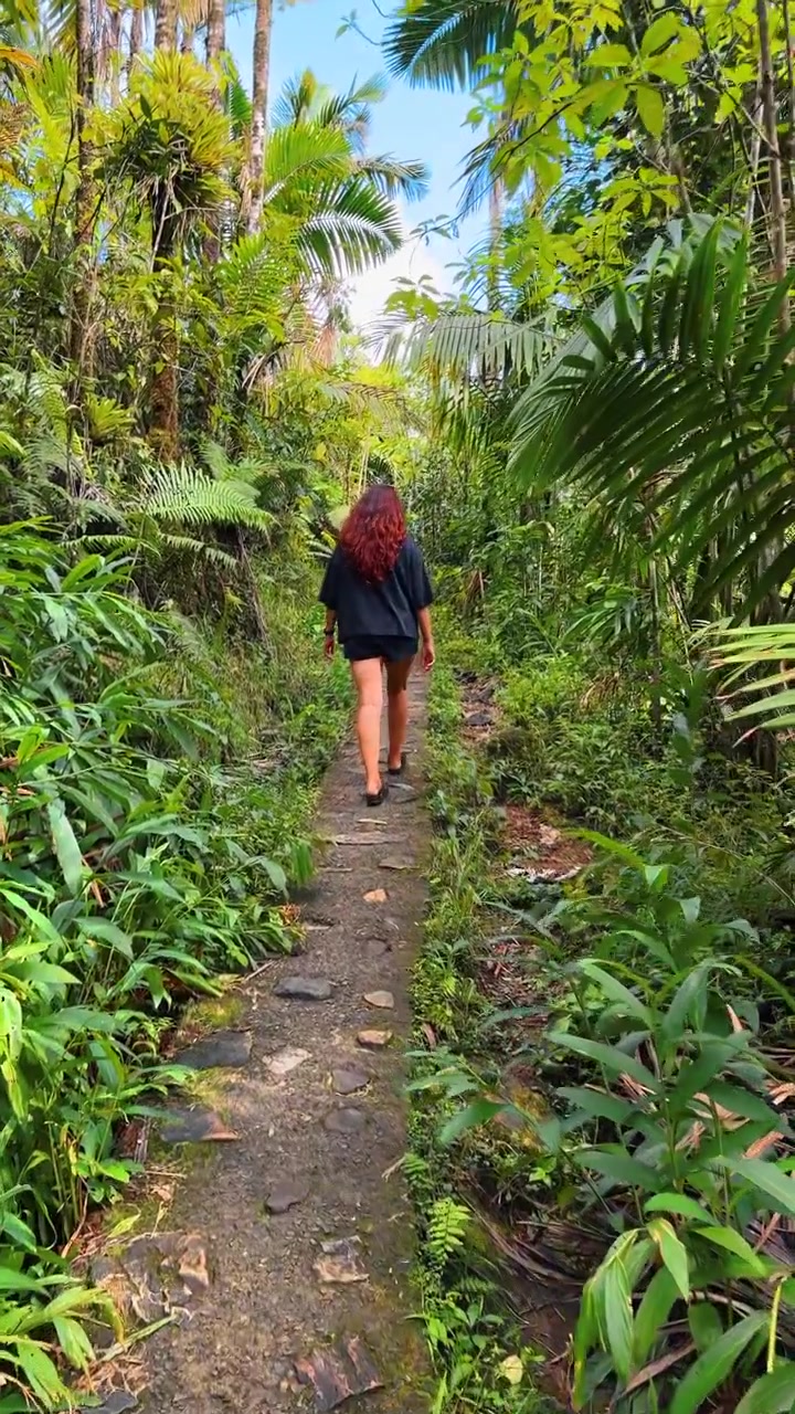 Mujer caminando por un sendero natural en la selva. Joven caminando sola por un estrecho sendero de la selva rodeada de exuberantes plantas tropicales, expresando libertad y exploración.