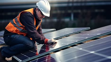 a worker in a hard hat and vest inspects solar panels