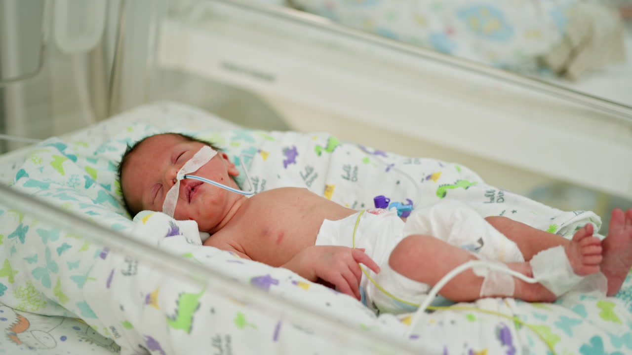 Neonato prematuro in unità di terapia intensiva neonatale con attrezzature mediche, neonati e ospedale