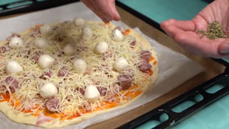 enfoque selectivo de la mano con orégano y mujer poniendo ingrediente en pi