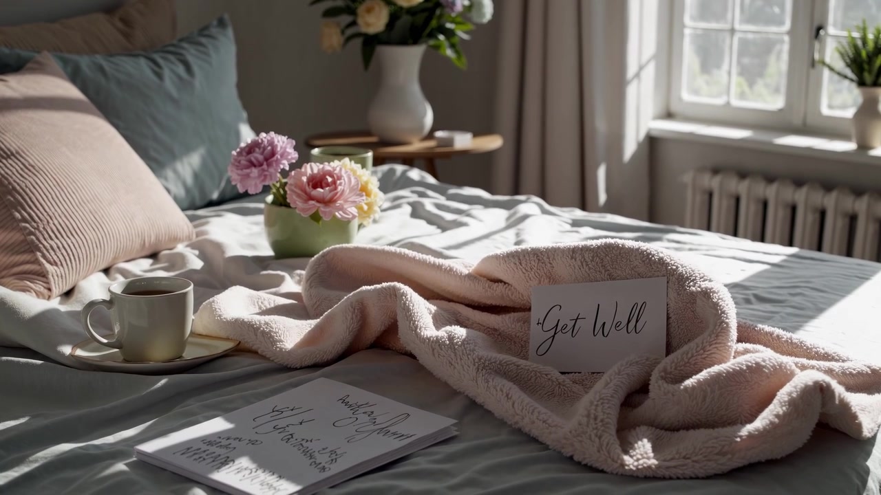 Biglietto di pronta guarigione e fiori su un letto accogliente in una camera da letto soleggiata