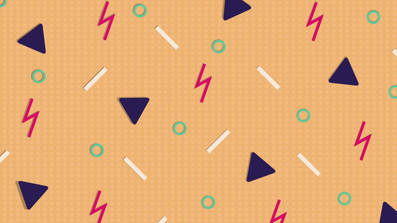 fondo de patrón naranja abstracto con triángulos, círculos, líneas y zigzags.