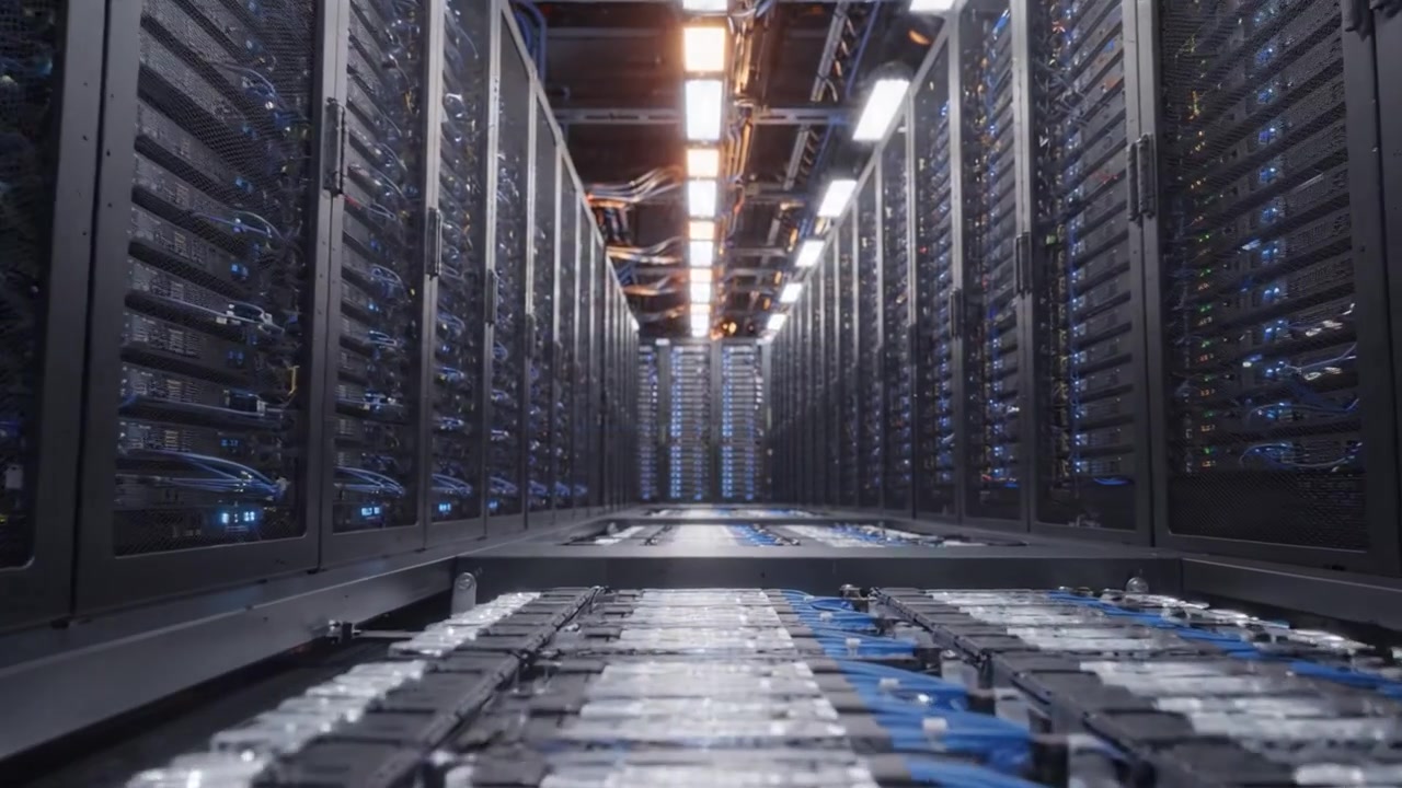 Una panoramica completa di un moderno data center con file di server ad alte prestazioni e fasci di cablaggi che forniscono connettività potente per l'elaborazione dei dati.