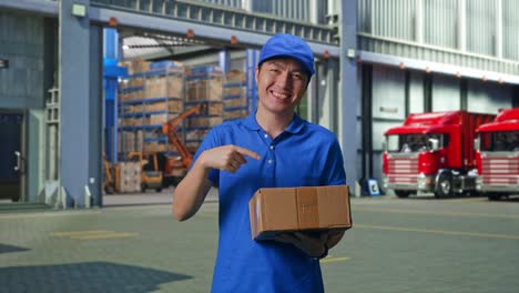asian male courier in blue uniform smiling and pointing to a carton in hand while delivering it, outside of logistics distributions warehouse