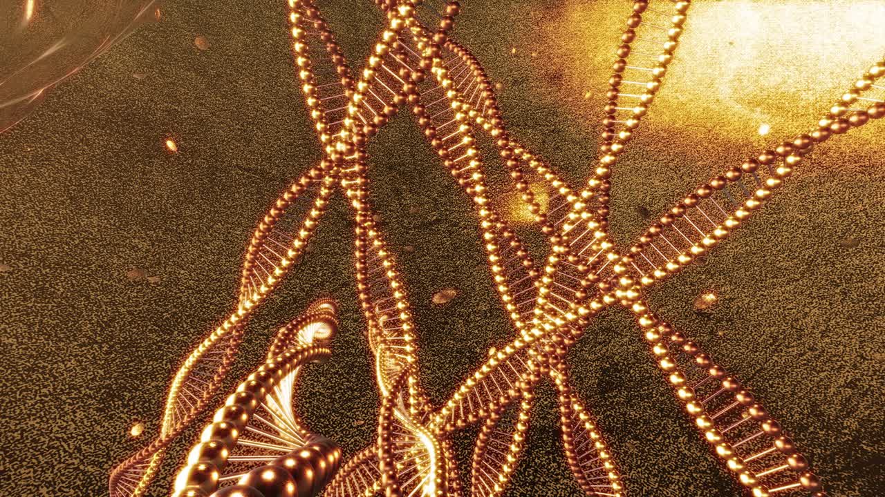 dna 분자의 소용돌이와 함께 황금 기하학적 배경 3d 렌더링 루프 4k
