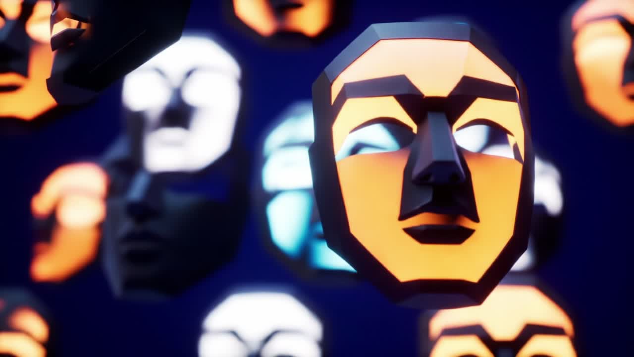 Digital Artistry: Exploring a Chaotic Sphere of Futuristic Faceless Masks with Neon Accents and Abstract Features, Capturing the Essence of Technology and Emotion