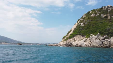 View-from-the-boat-to-the-Marathonisi-Caves,-Zakynthos-Island,-Greece