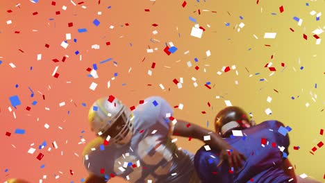 animatie van confetti die over een amerikaanse voetballer op neon achtergrond valt