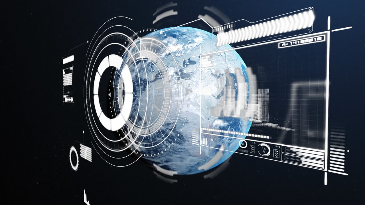 전 세계에 대한 범위 스캐닝과 데이터 처리 애니메이션