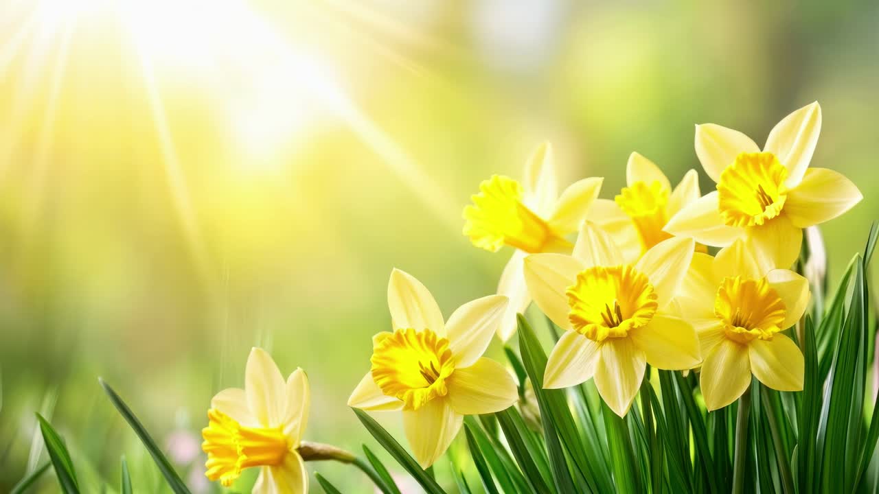 Close-up video angle of vibrant yellow daffodils basking in sunlight, capturing a serene and fresh