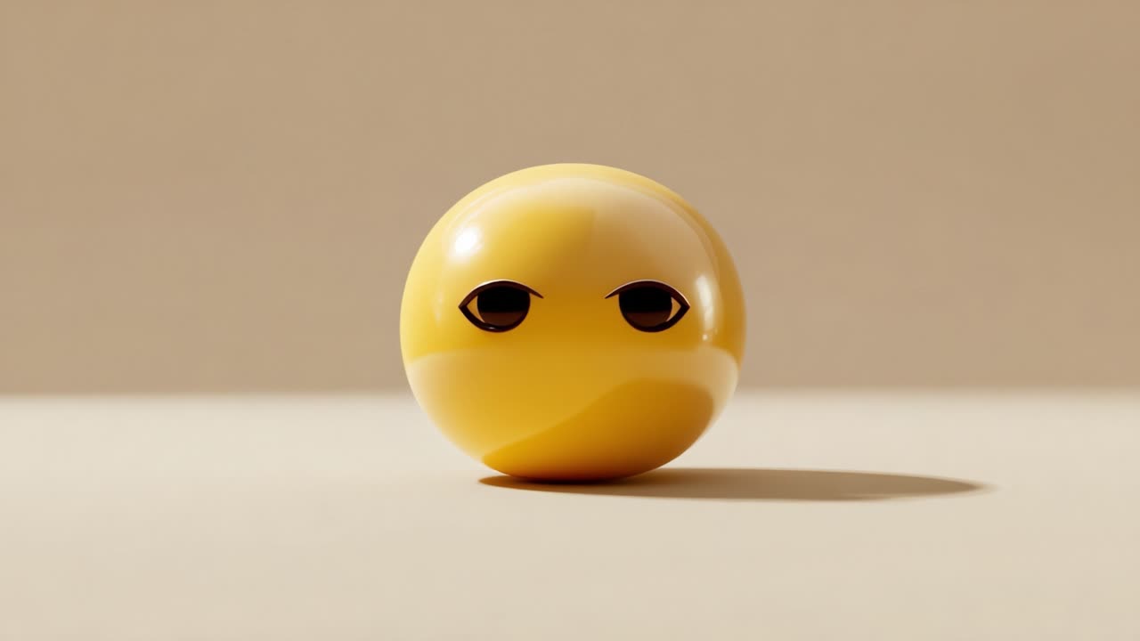 A vibrant yellow spherical character undergoes a transformation, moving from a serene expression to a curious gaze, showcasing the dynamic nature of emotions in a visually striking manner