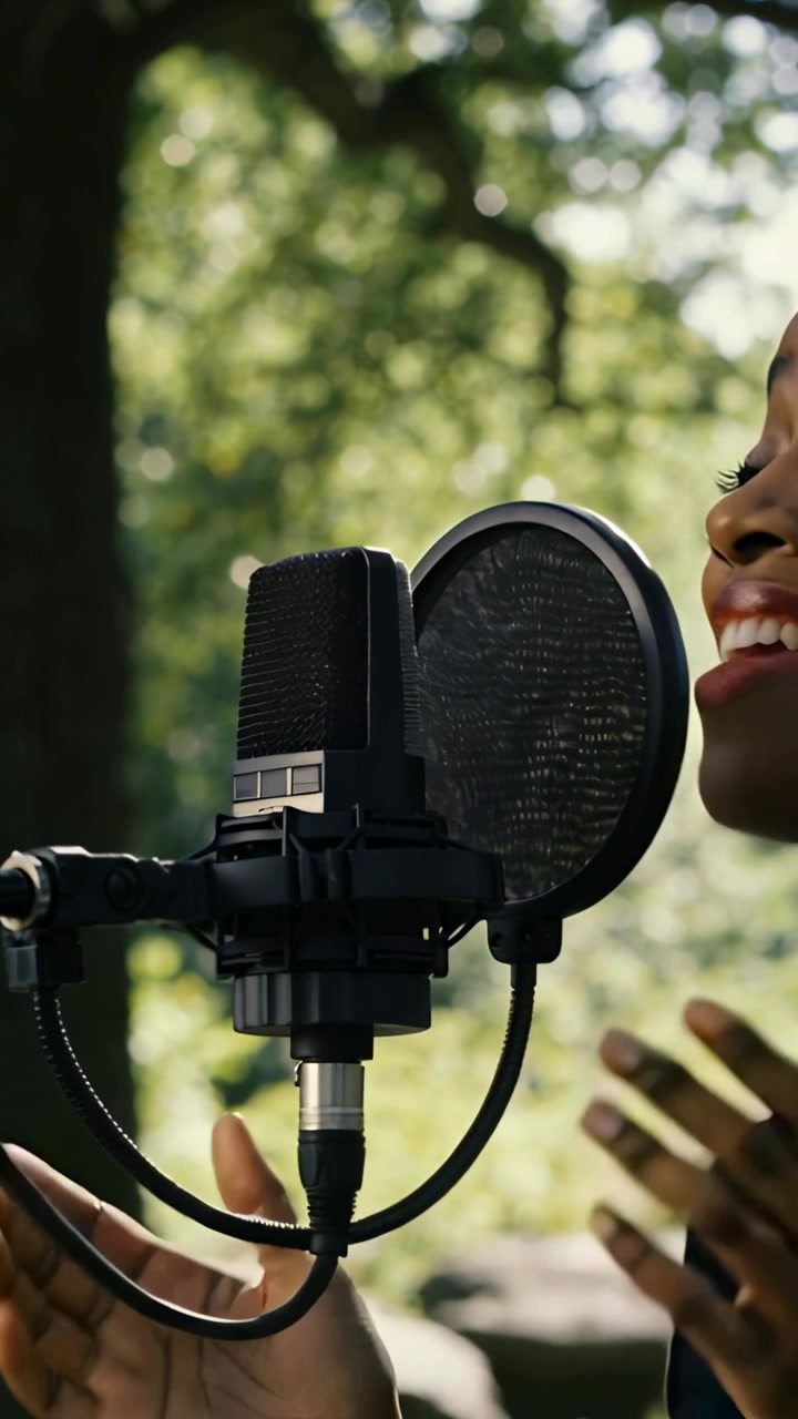 Video verticale: Una cantante con un top nero si avvicina al microfono con filtro anti-pop, registrando al parco.
