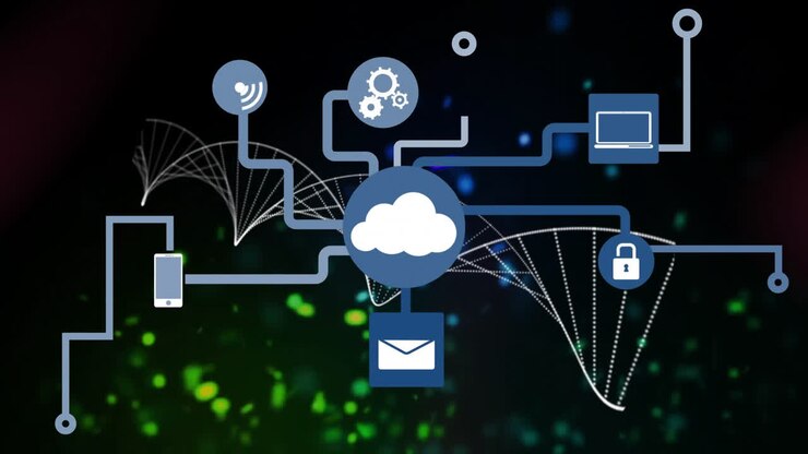 Central cloud computing icon connecting service icons on dark gradient with waveforms, flat design
