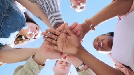 students, group and hands stack in circle with low