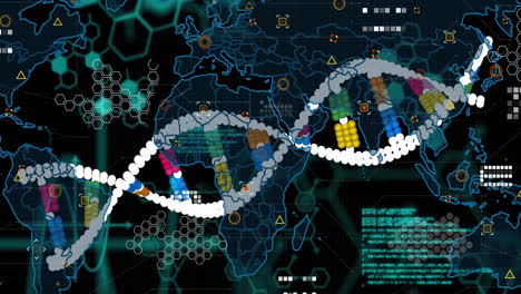 DNA strand and scientific data processing animation over world map