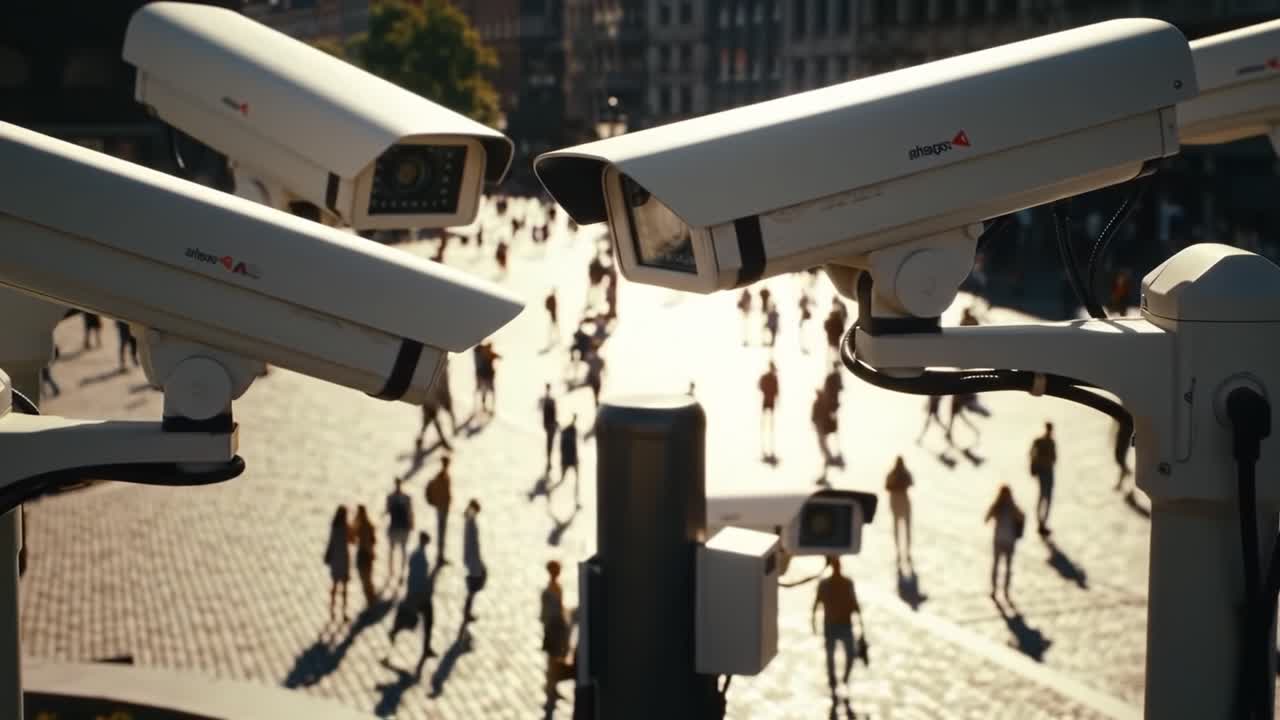 A High-Definition View of Surveillance Cameras Overlooking a Busy Urban Square, Capturing the Movement of Pedestrians in a Lively City Setting