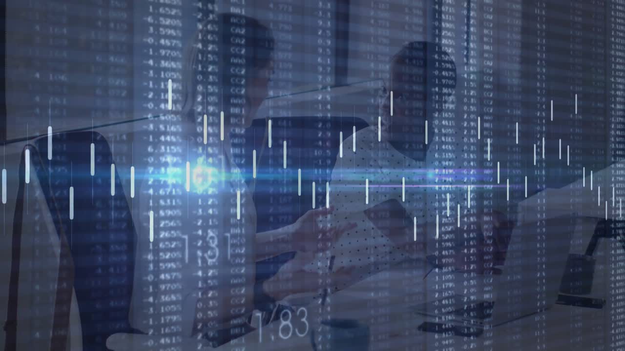 Animation of financial data processing over diverse business people in office
