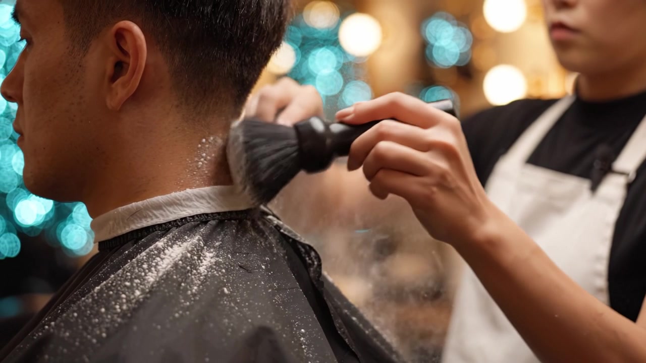 Barber bruger børste til at fjerne hårrester fra kundens nakke i stilfuld salon med glamourøs belysning i baggrunden