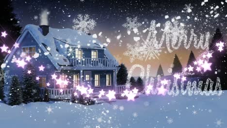 Star-shaped-fairy-lights-decoration-against-merry-christmas-text-over-house-on-winter-landscape