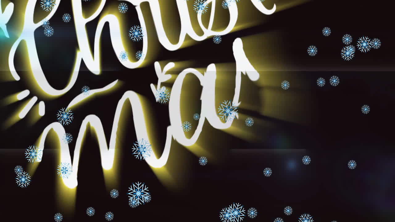 Christmas text animation with falling snowflakes on dark background