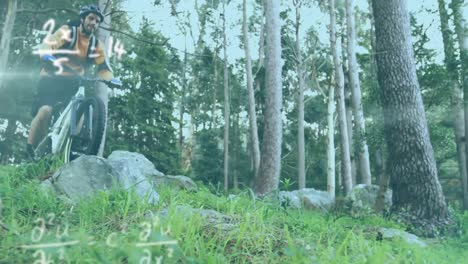 mathematical equations against man cycling in forest
