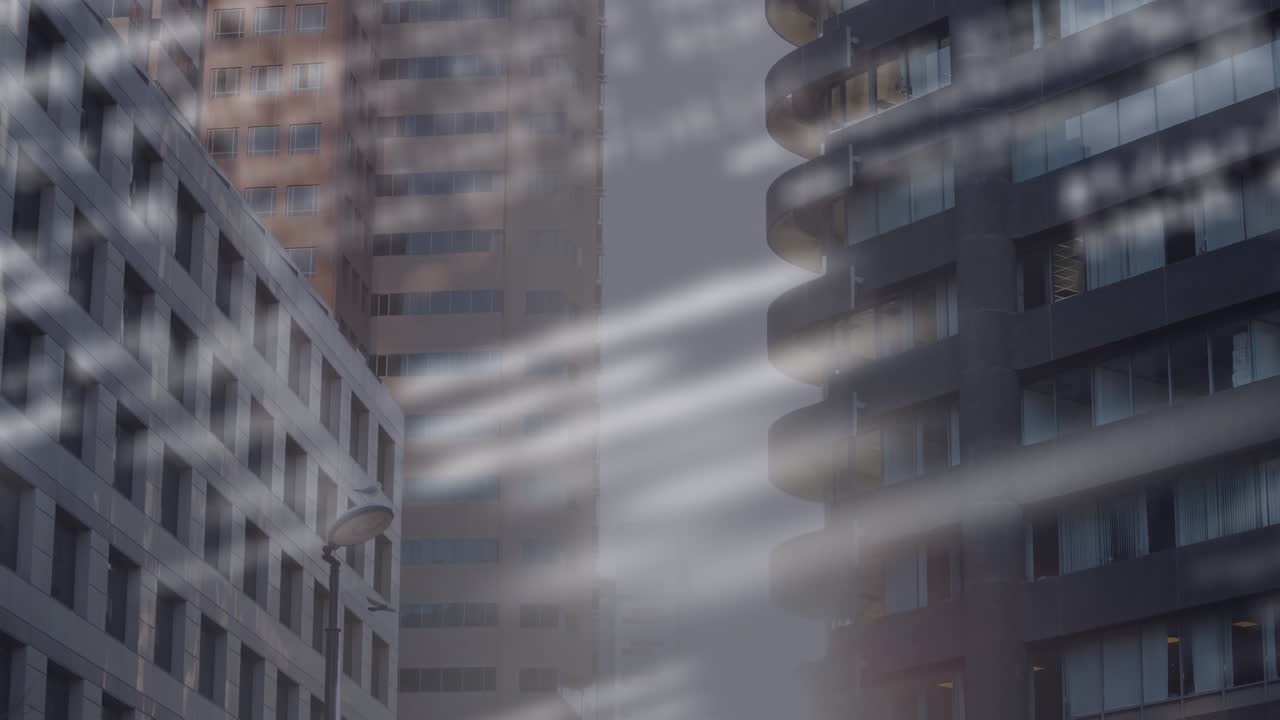 Animación del procesamiento de datos sobre paisaje urbano
