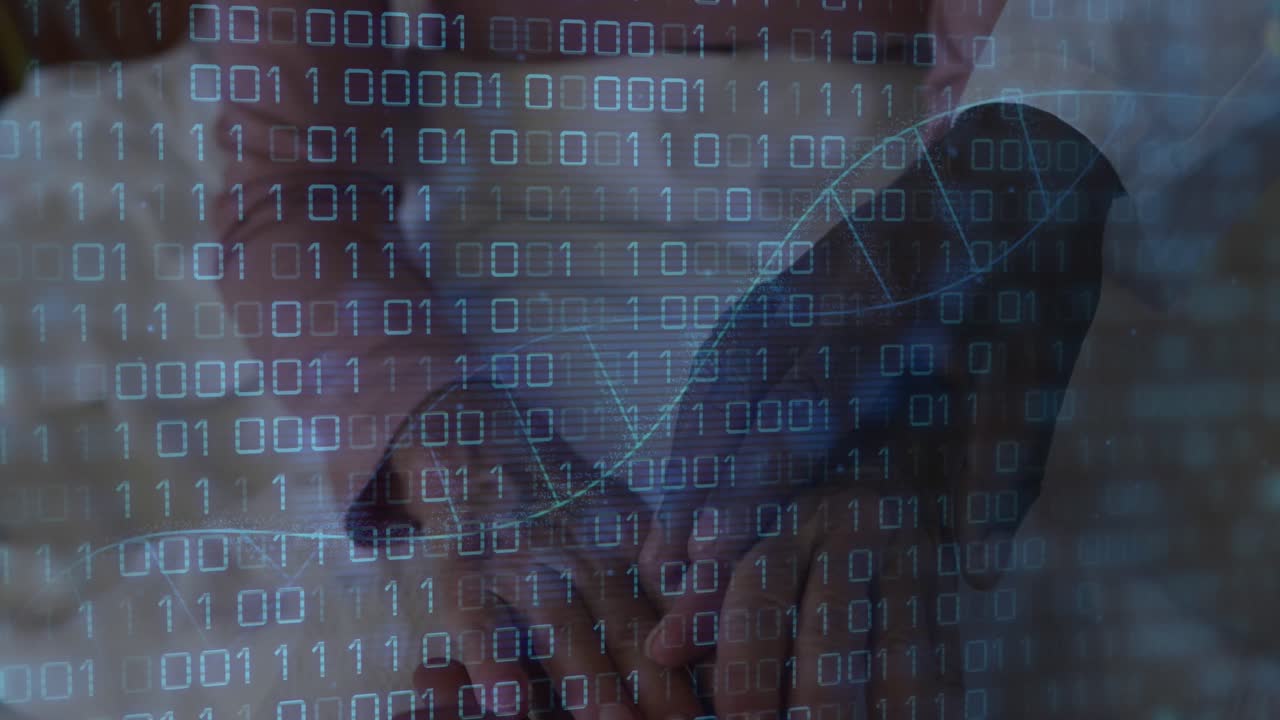 Animation of dna strand and binary data over hands of diverse male doctor and female patient