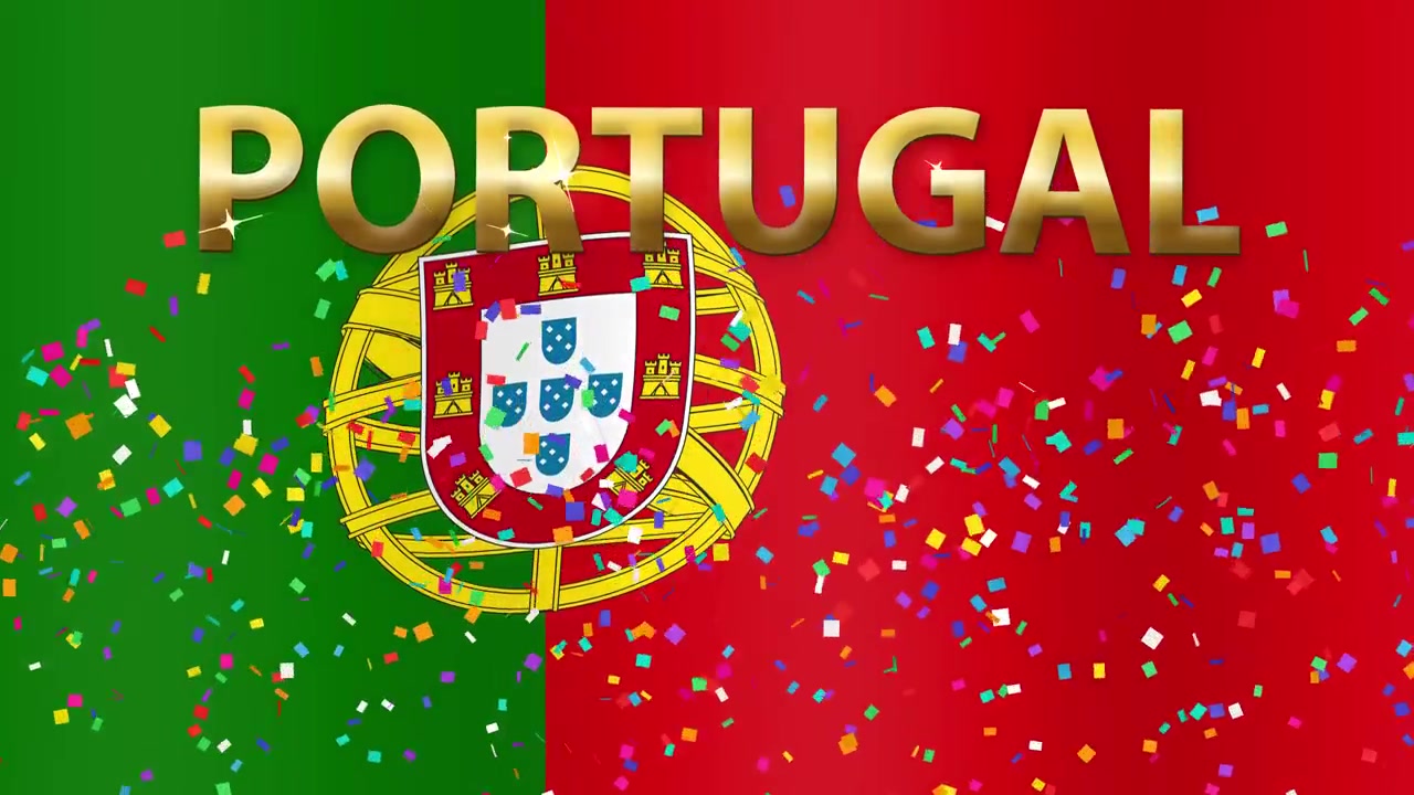 Animeret viftende flag fra Portugal med gylden tekst og levende konfetti, der falder ned over billedet