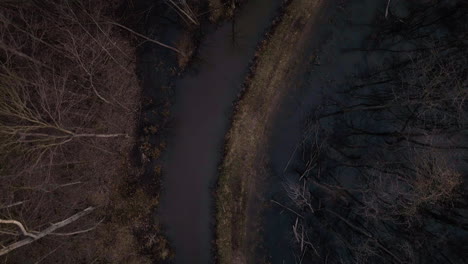 Crepúsculo-Sobre-El-Río-Loosahatchie,-árboles-Desnudos-Que-Bordean-Las-Tranquilas-Aguas,-Perspectiva-Aérea