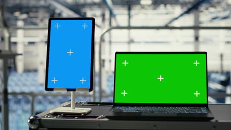 green screen notebook and mockup tablet in industrial data center