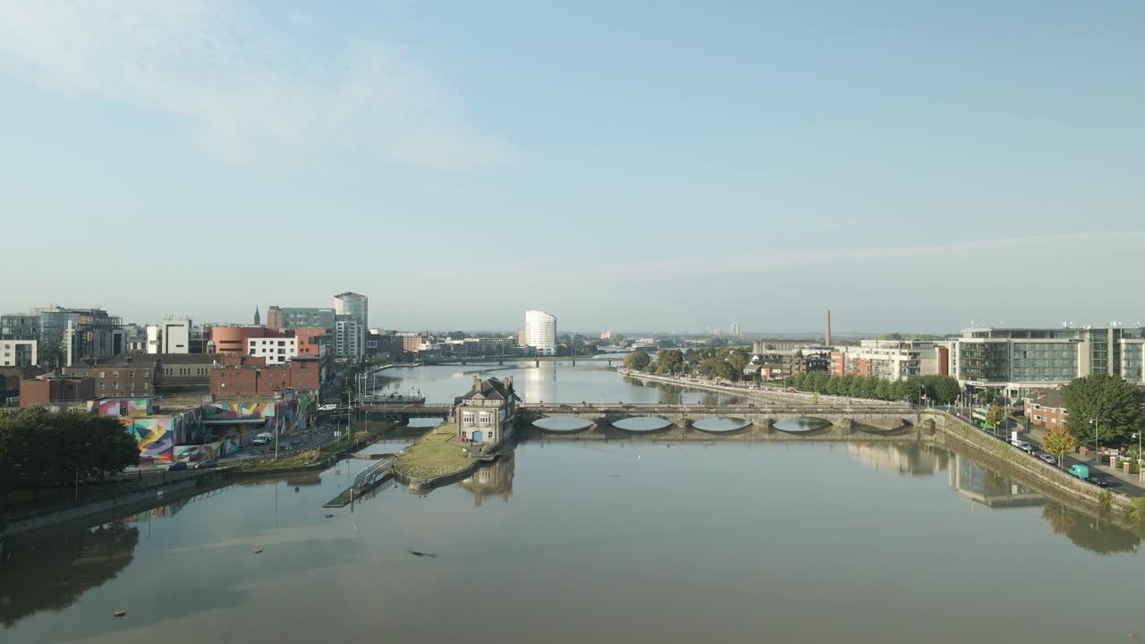 Limerick city view over the River Shannon in Ireland early morning with clear skies and calm waters