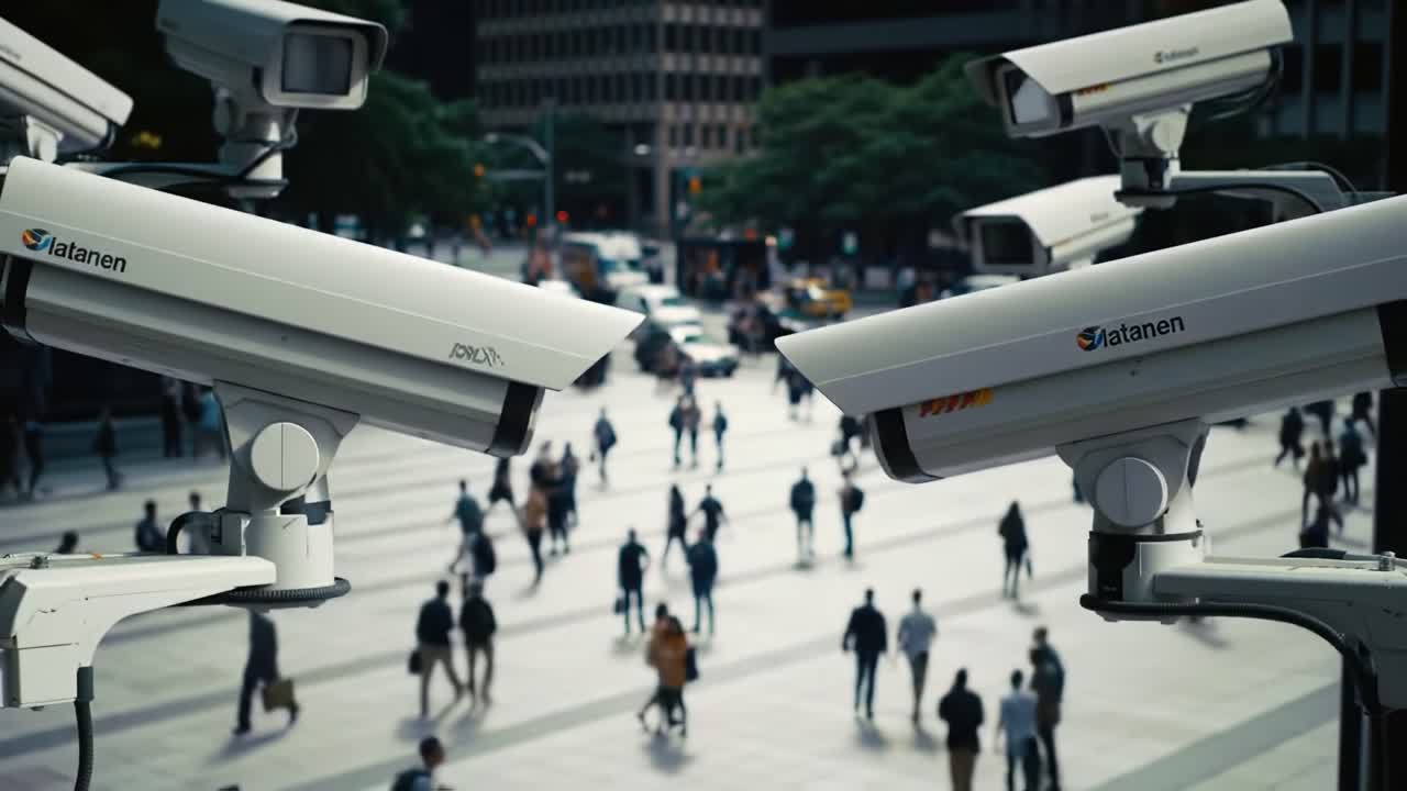 Surveillance Cameras Overseeing Urban Pedestrians in a Bustling City Intersection: A Look at Modern Security Technology in Public Spaces