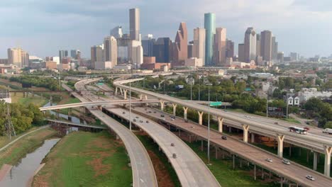 high angle establishing drone shot of downtown houston