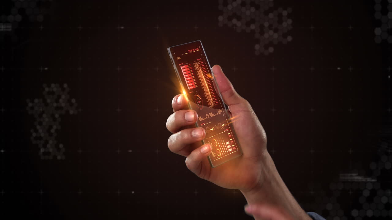 teléfono móvil futurista en la mano contra un fondo generado digitalmente