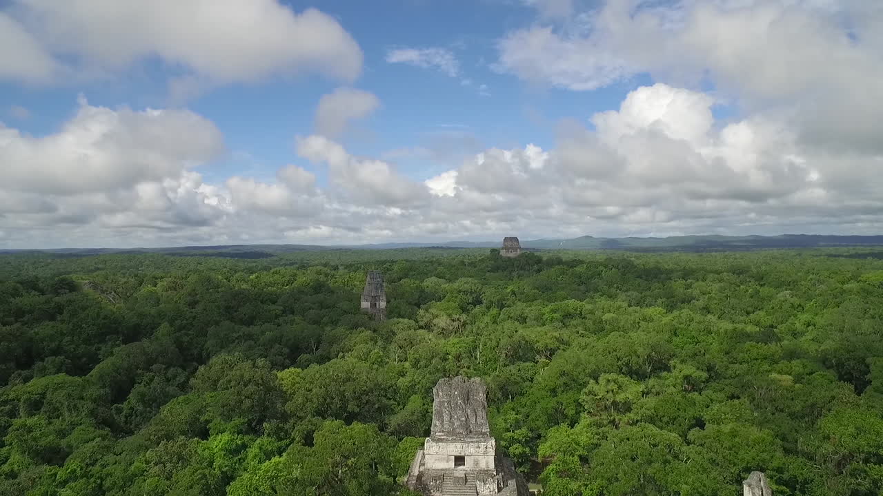 과테말라의 티칼 피라미드 위로 공중 촬영